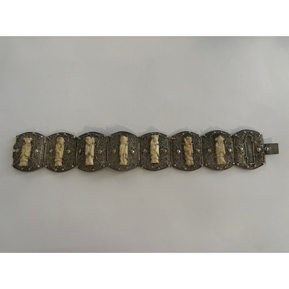 Antique 900 Silver Panel Bracelet China Export Filigree READ